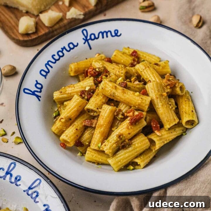 Pistachio pesto rigatoni with pancetta in a white and blue rimmed bowl.