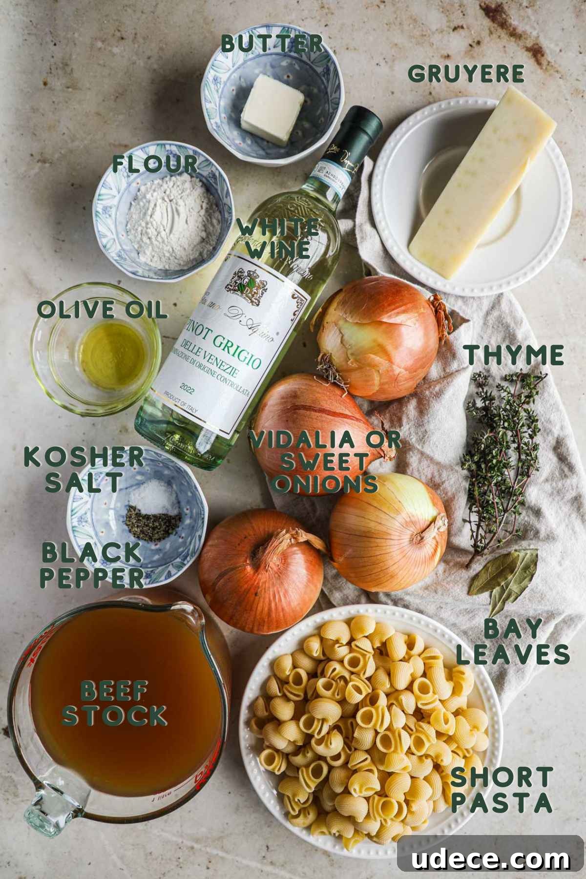 French onion pasta ingredients, vidalia or sweet onions, white wine, beef stock, thyme, bay leaves, gruyere, flour, olive oil, butter, short pasta.