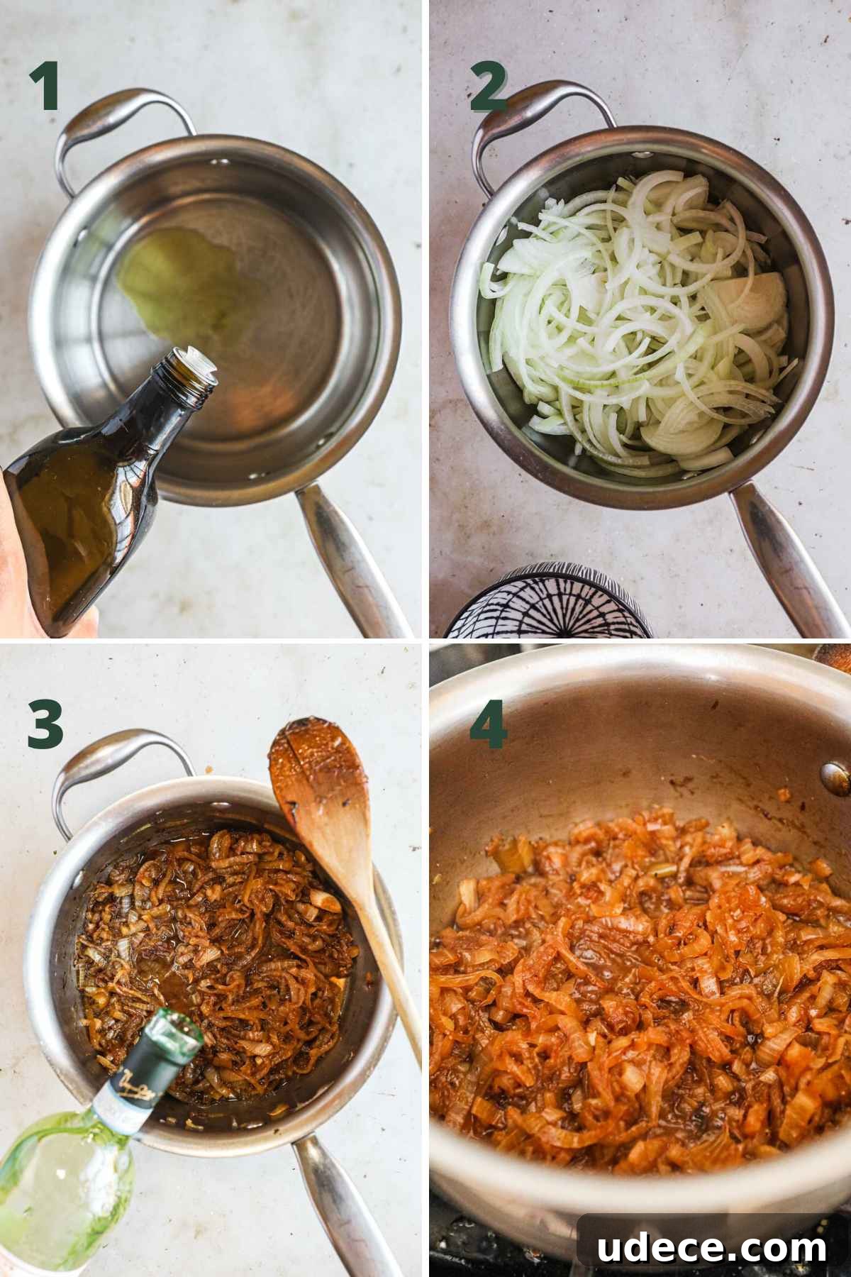 Steps to make French onion pasta, caramelize onions in olive oil and deglaze with white wine.
