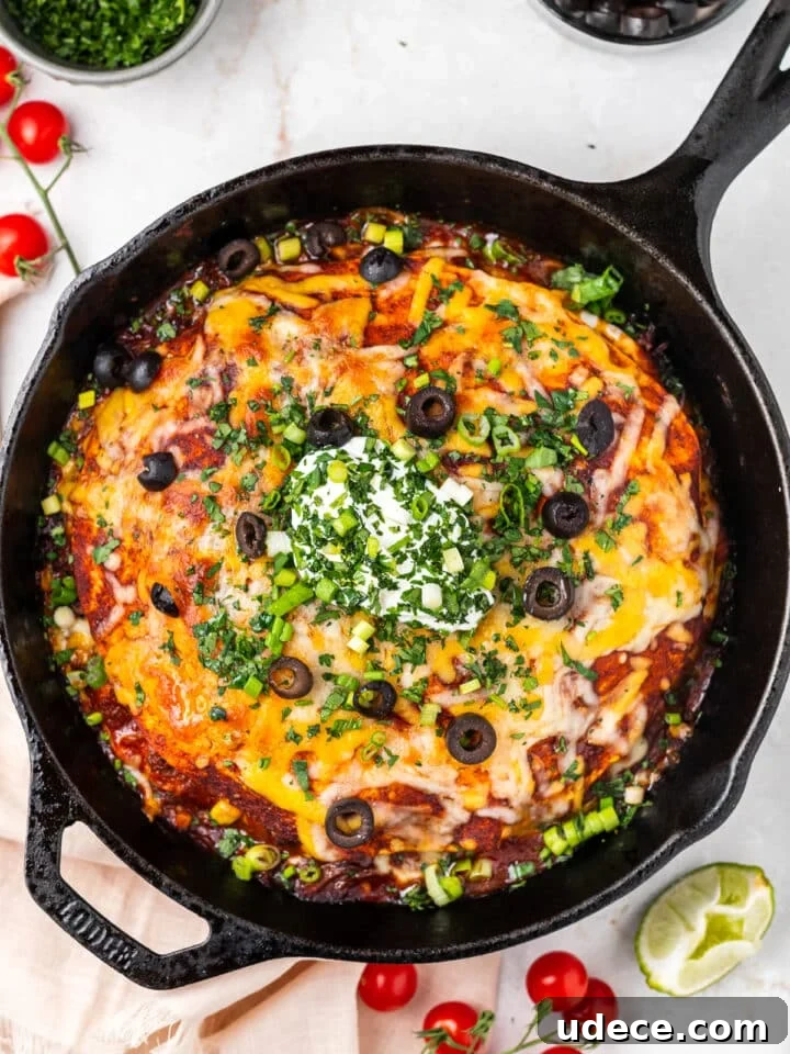 Cheesy Beef Enchilada Pie Recipe for Dinner Crowd-Pleasers 15 overhead view of enchiladapie topped with sour cream and fresh herbs