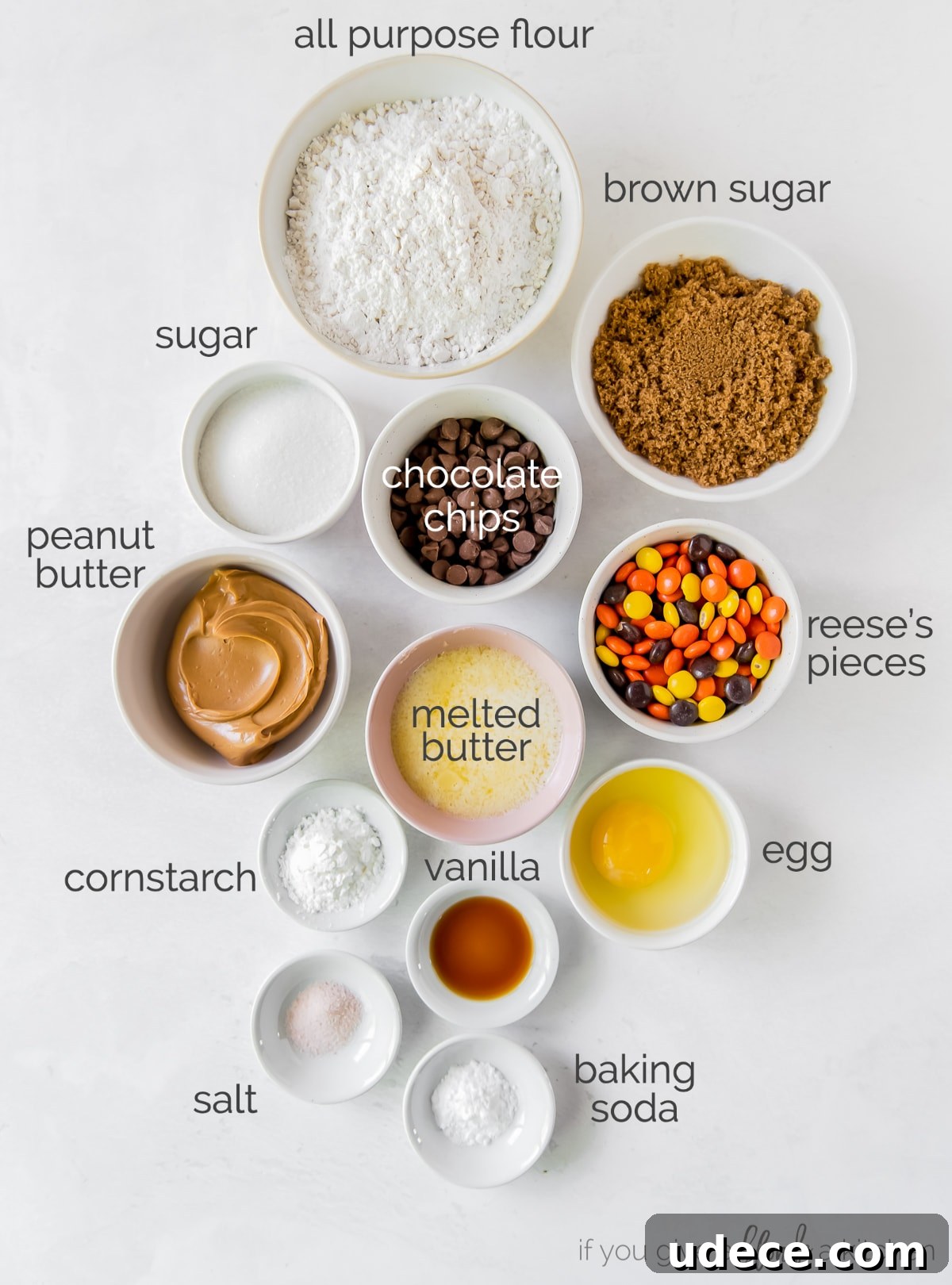 reeses pieces peanut butter blondies ingredients in bowls with text