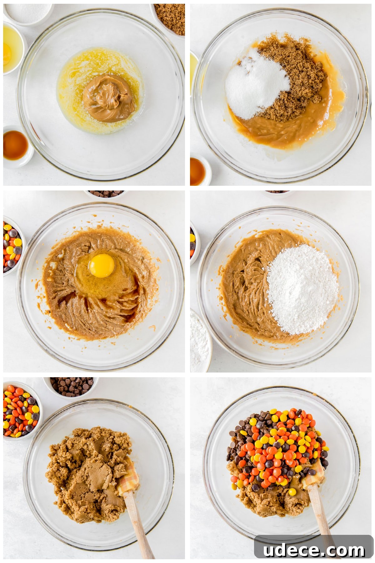photo collage demonstrating how to make reeses pieces peanut butter blondies in a glass mixing bowl