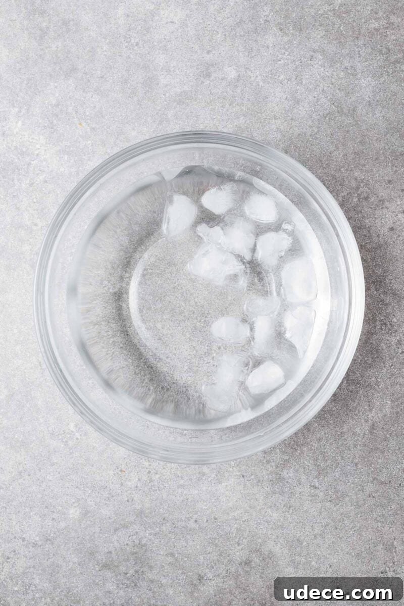 A large mixing bowl with water and ice cubes.