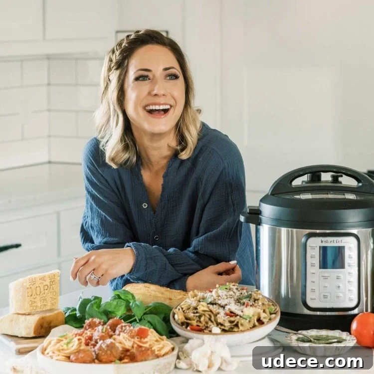 Blogger in kitchen with dishes