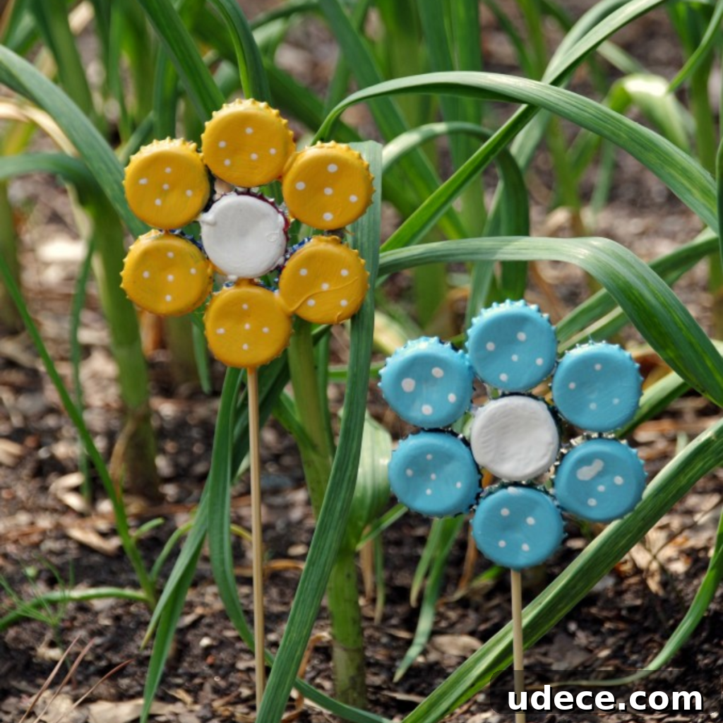 15 Creative Bottle Cap Crafts You Can Make Today 4 BOTTLE CAP FLOWERS IN THE GARDEN