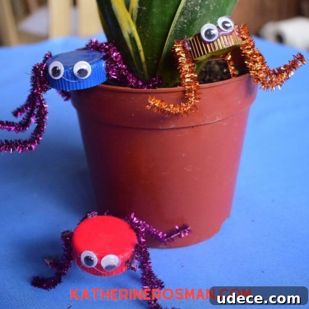 15 Creative Bottle Cap Crafts You Can Make Today 9 Bottle Cap Spider Placed on a pot