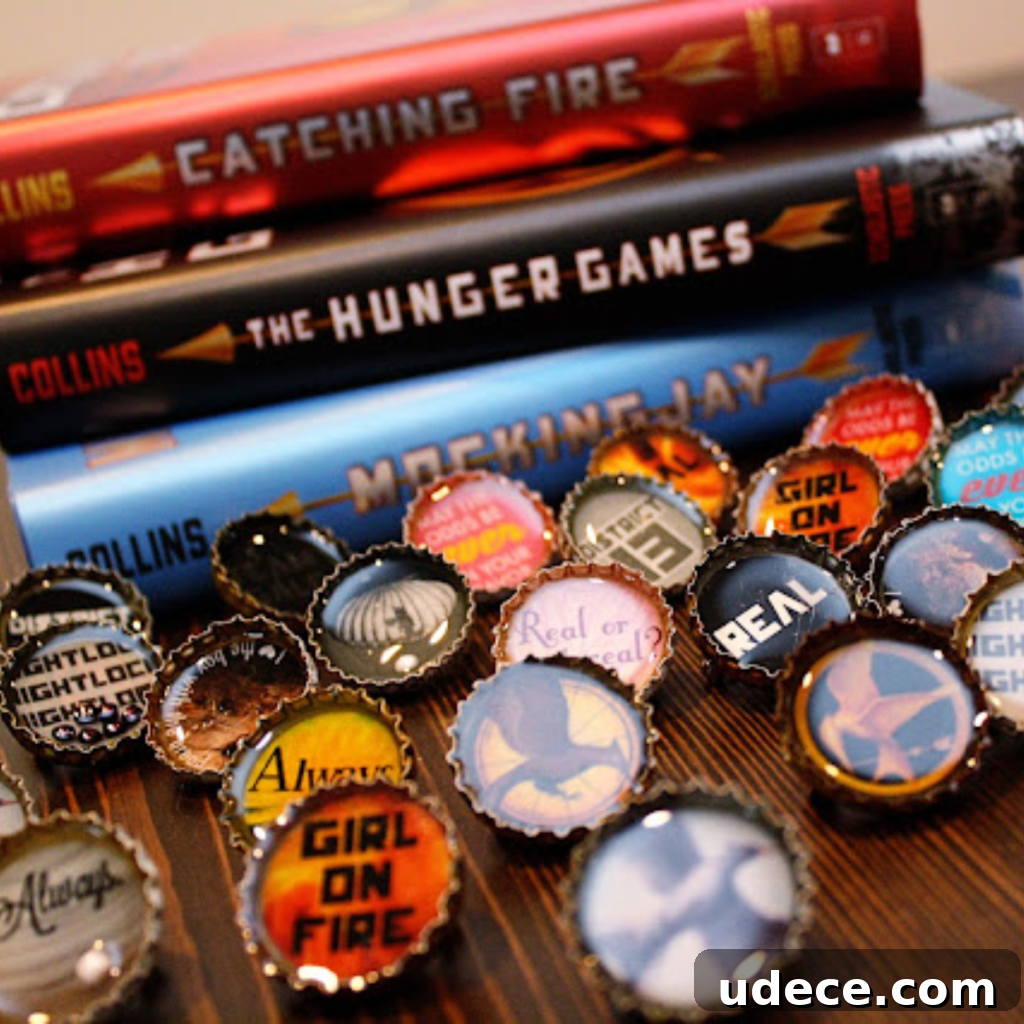 15 Creative Bottle Cap Crafts You Can Make Today 10 Resin Bottle Cap Pins With Hunger Games Books