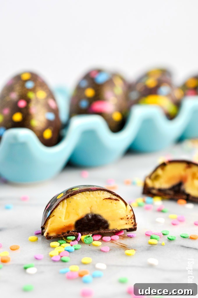 These Salted Caramel Cream Easter Eggs are a twist on the popular Cadbury eggs, featuring a decorated dark chocolate shell and a fondant salted-caramel centre.