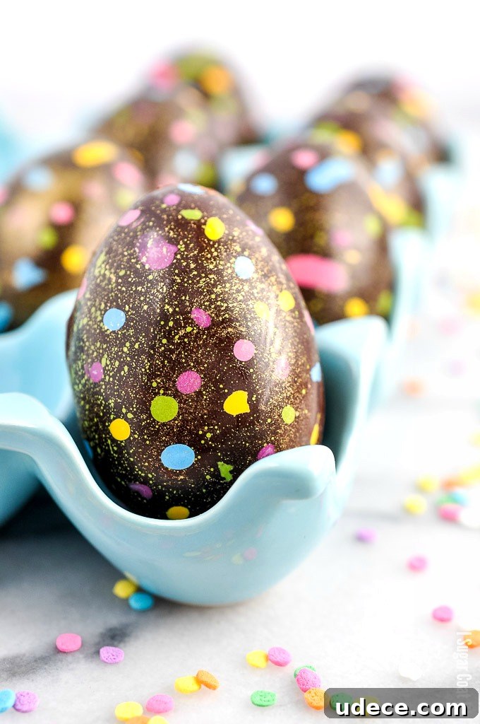 These Salted Caramel Cream Easter Eggs are a twist on the popular Cadbury eggs, featuring a decorated dark chocolate shell and a fondant salted-caramel centre.