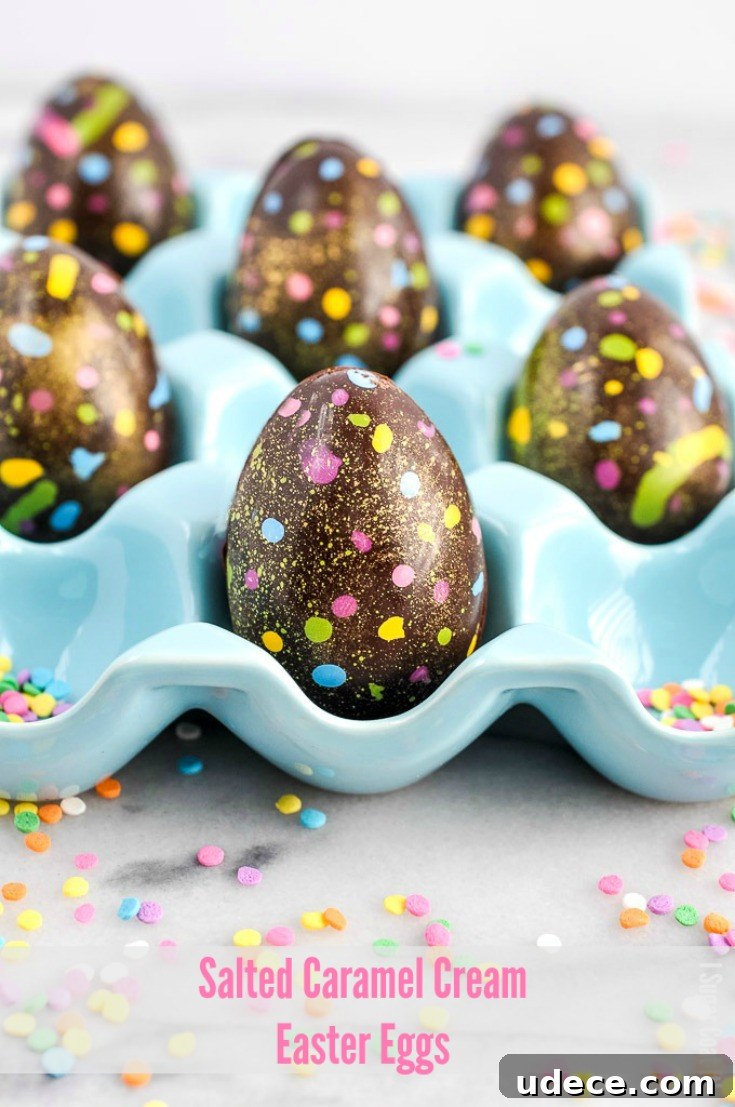 These Salted Caramel Cream Easter Eggs are a twist on the popular Cadbury eggs, featuring a decorated dark chocolate shell and a fondant salted-caramel centre.