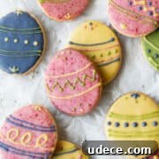 Square hero shot of decorated Easter egg sugar cookies.