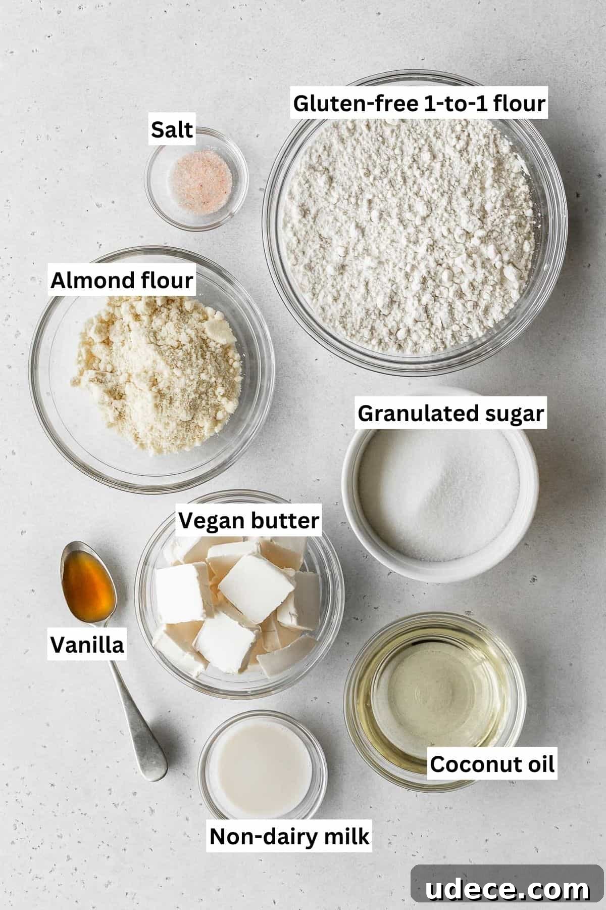 Easter egg sugar cookie ingredients measured out into bowls.