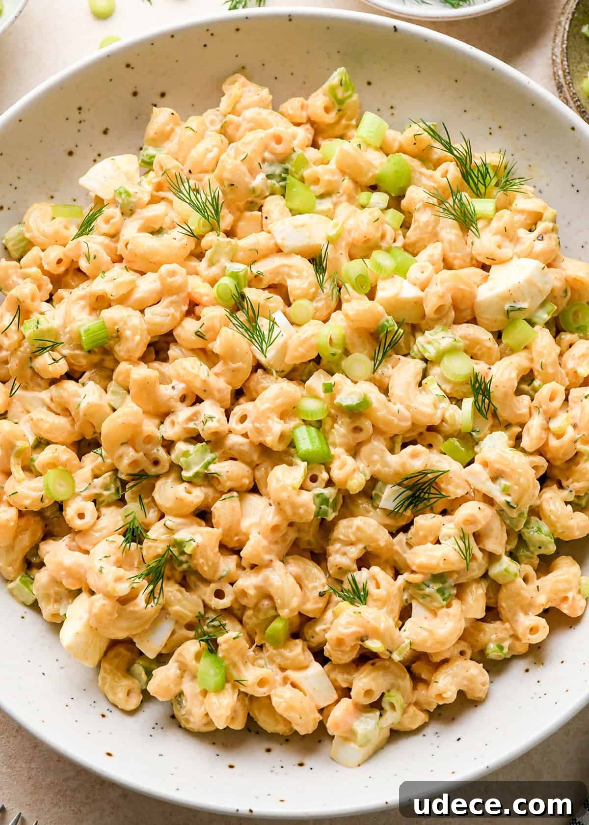 Classic Creamy Macaroni Salad Recipe 3 a bowl of Macaroni Salad garnished with dill and green onions