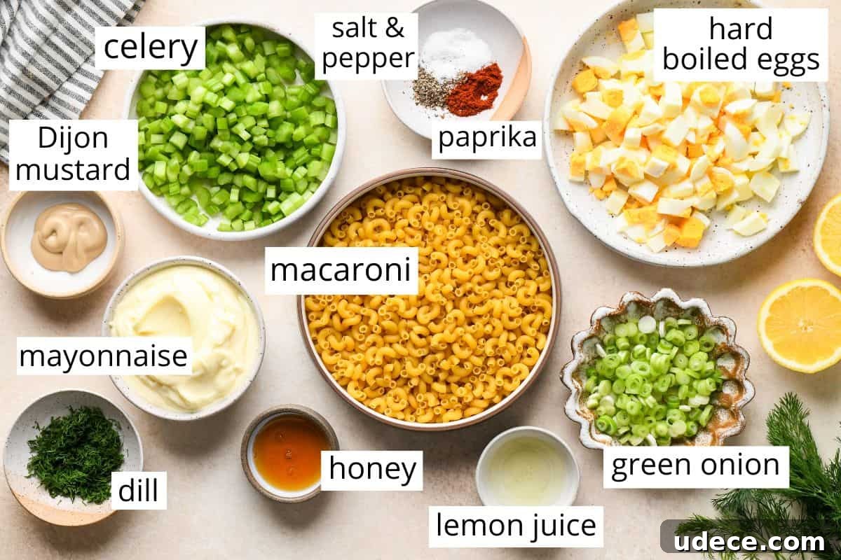 Classic Creamy Macaroni Salad Recipe 4 overhead photo of the labeled ingredients in this Macaroni Salad recipe