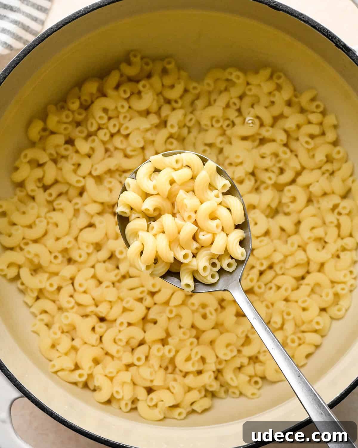 Classic Creamy Macaroni Salad Recipe 6 cooked macaroni in a pot with a spoon