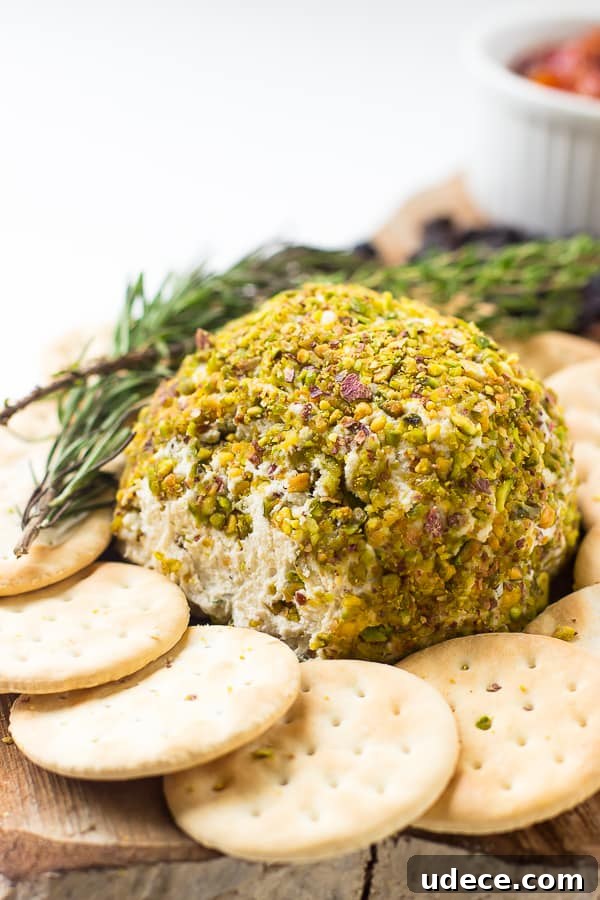 Pistachio-Crusted Vegan Cheese Ball Recipe 4 Side on shot of pistachio crusted vegan cheese ball with a sprig of rosemary and crackers on the side.