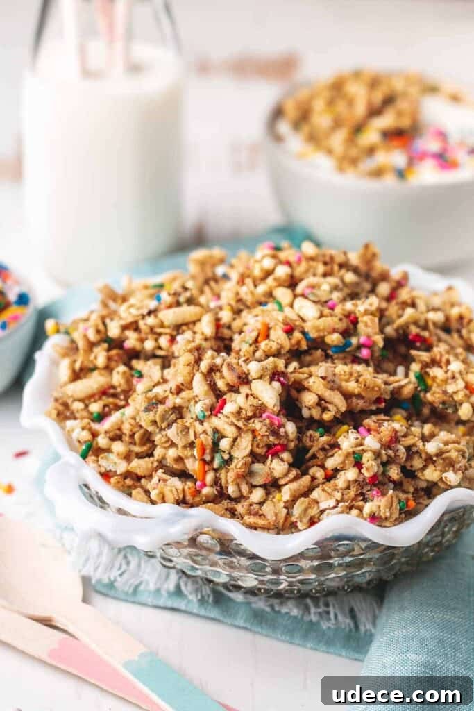 Birthday Cake Granola Recipe — Gluten-Free Celebration Crunch 2 A big bowl birthday cake granola with colorful sprinkles. Behind is a smaller bowl with granola and yogurt and a milk jar with milk and polka dot paper straws.