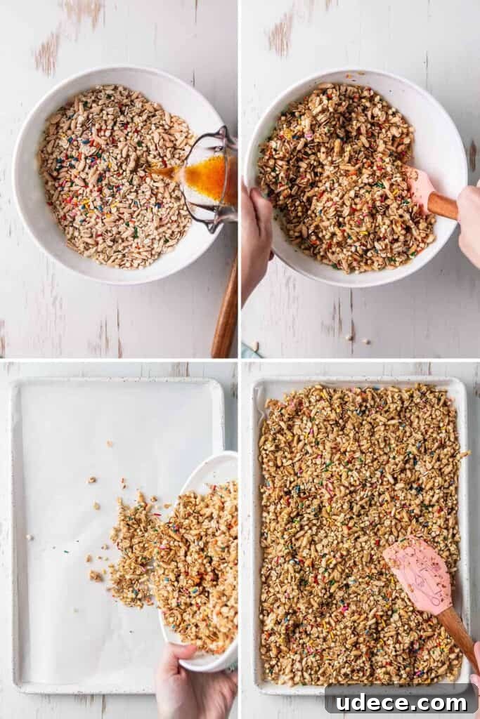 Birthday Cake Granola Recipe — Gluten-Free Celebration Crunch 4 1. Pouring the wet mixture into the dry mixture. 2. Stirring them together. 3 & 4. Spreading the mixture out onto a pan.
