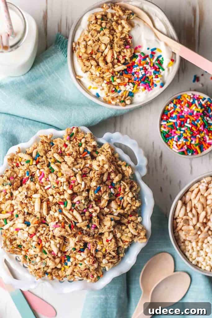 Birthday Cake Granola Recipe — Gluten-Free Celebration Crunch 5 Birthday Cake Granola in an old fashioned candy dish next to bowls of srinkles, puffed rice cereal, and yogurt.