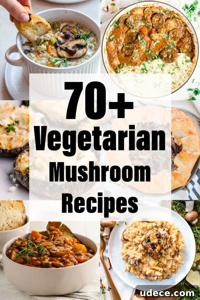 70+ Delicious Vegetarian Mushroom Recipes for Every Meal 2 Six different dishes on pale backgrounds in a collage with text overlay stating 70+ vegetarian mushroom recipes.