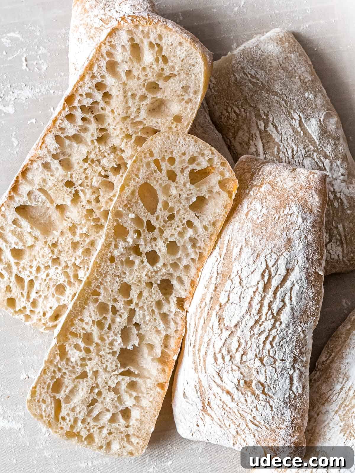 Sourdough ciabatta sliced open with large holes to show open crumb and proper gluten development laying in a pile of more loaves.