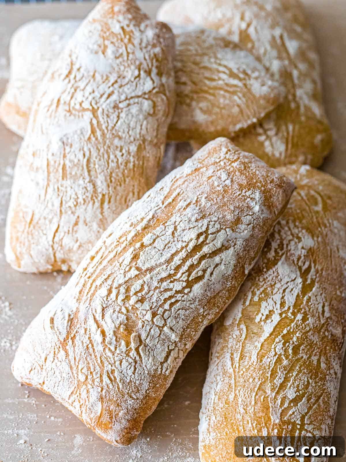 Several ciabatta bread loaves with a golden brown, crispy crust covered in flour.