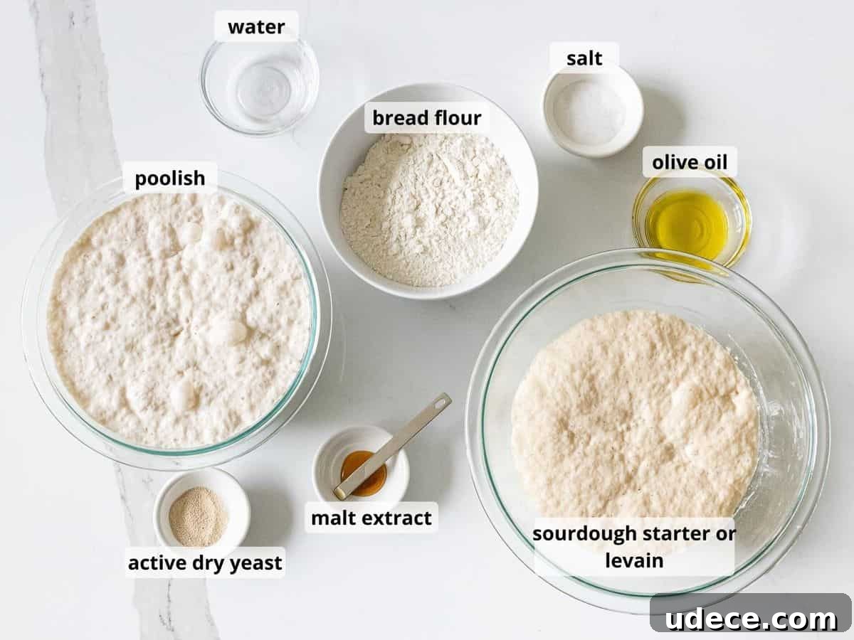 Ingredients for sourdough ciabatta bread including flour, water, olive oil, and sourdough starter in glass bowls.