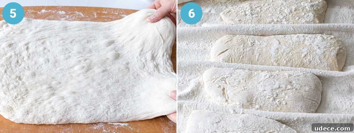 Sourdough ciabatta dough being stretched on a wooden board then further proofing on a proofing cloth.