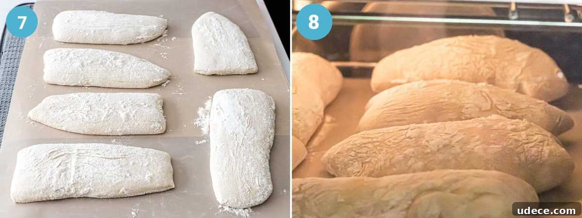 Ciabatta dough cut into pieces and baking in an oven on silicone paper.