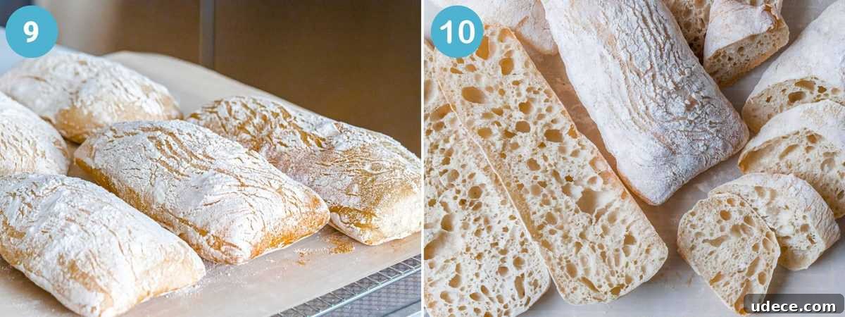 Baked ciabatta with crisp crust resting on a surface and sliced open to reveal open crumb.