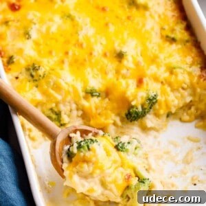 30+ Vegetarian Dinner Ideas That Make You Forget Meat Forever 3 Cheesy broccoli rice casserole in a baking dish with servings missing.