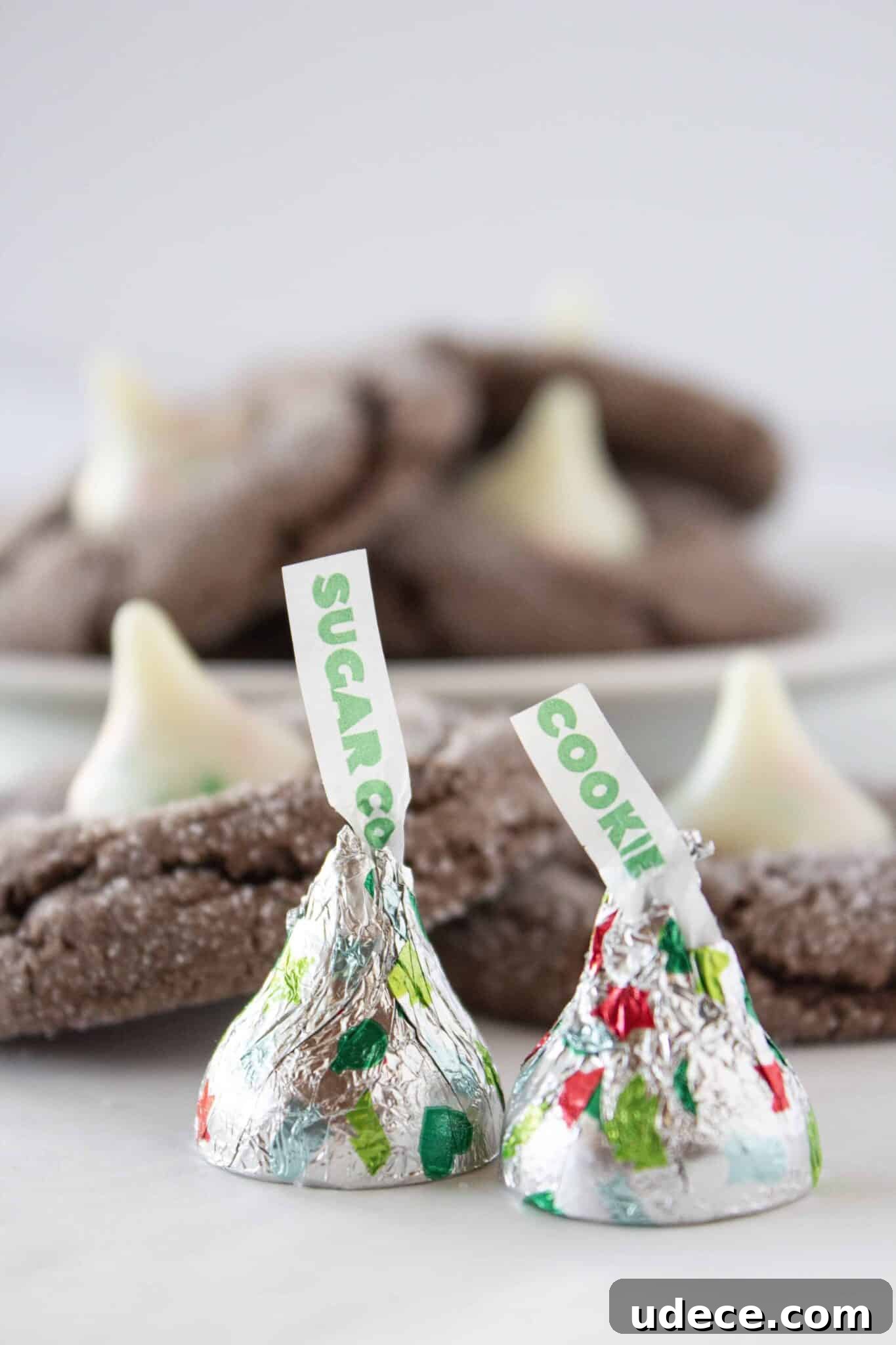 Chewy Chocolate Kiss Cookies Recipe: Classic Chocolate-Studded Cookies 3 Chocolate Kiss Cookies with Sugar Cookie Kisses.