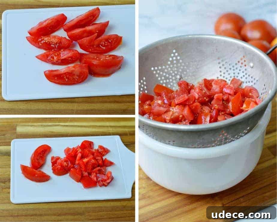 Creamy Feta and Tomato Bruschetta Recipe for Any Occasion 4 3 pictures chopping and draining tomatoes