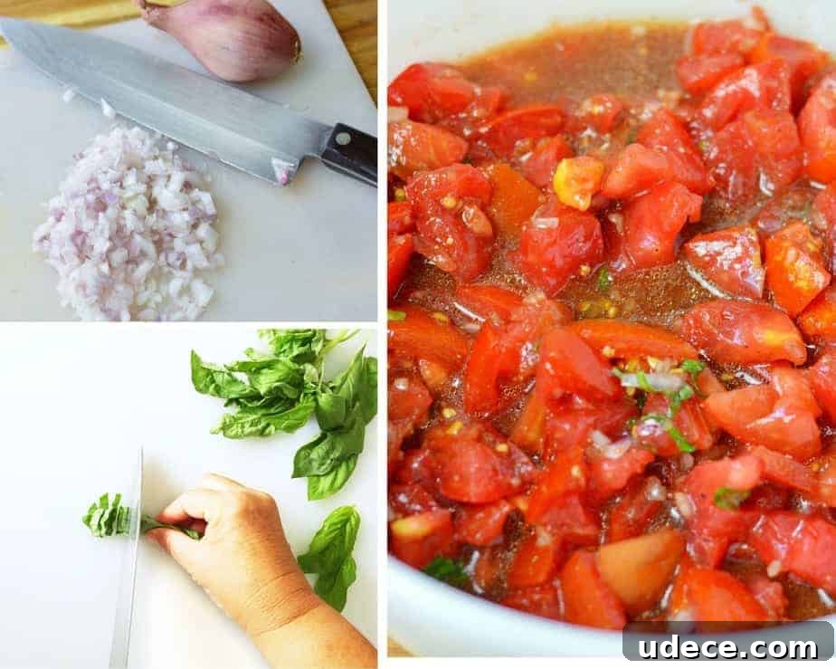 Creamy Feta and Tomato Bruschetta Recipe for Any Occasion 5 process picture: chopping shallots and basil for bruschetta