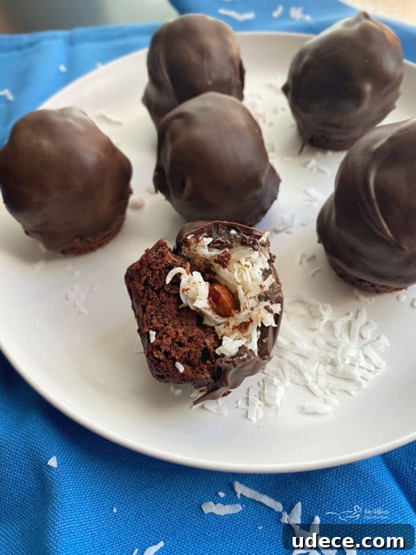 Almond Joy Brownie Bites: Chocolate, Coconut & Toasted Almonds Snacks 3 Almond Joy Brownie Bites on plate