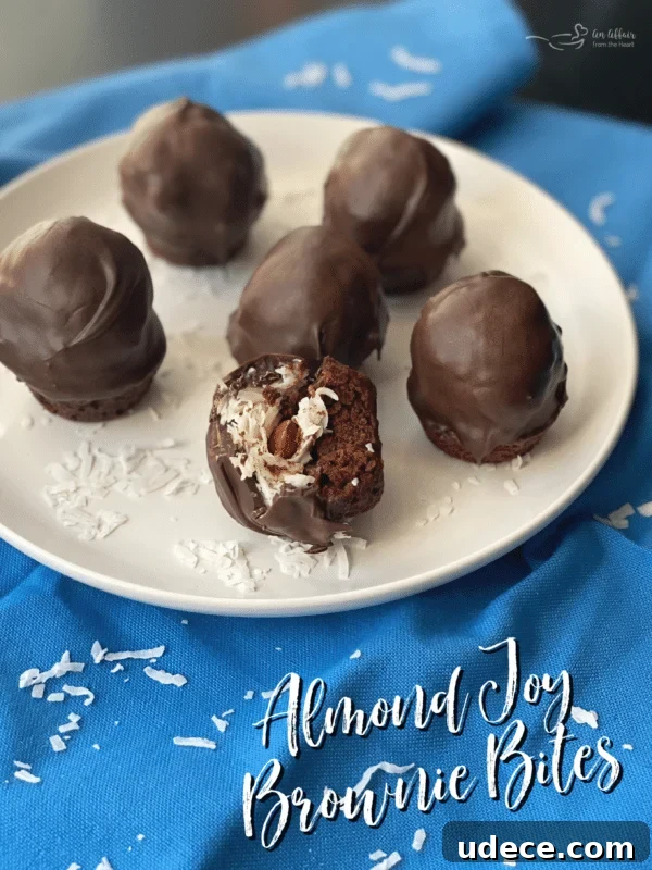 Almond Joy Brownie Bites on white plate