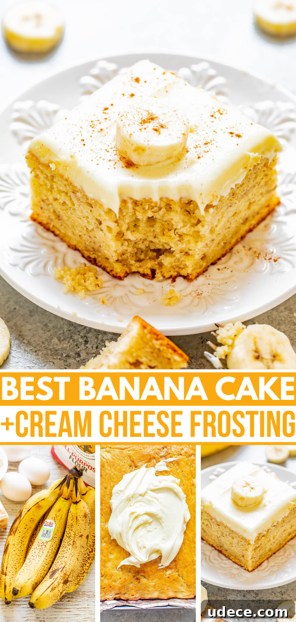 Best Banana Cake + Cream Cheese Frosting Pinterest image. 