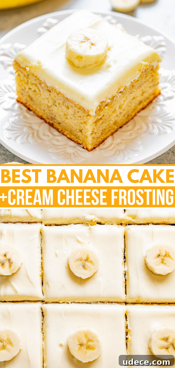 Best Banana Cake + Cream Cheese Frosting Pinterest image. 