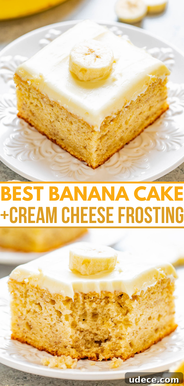 Best Banana Cake + Cream Cheese Frosting Pinterest image. 