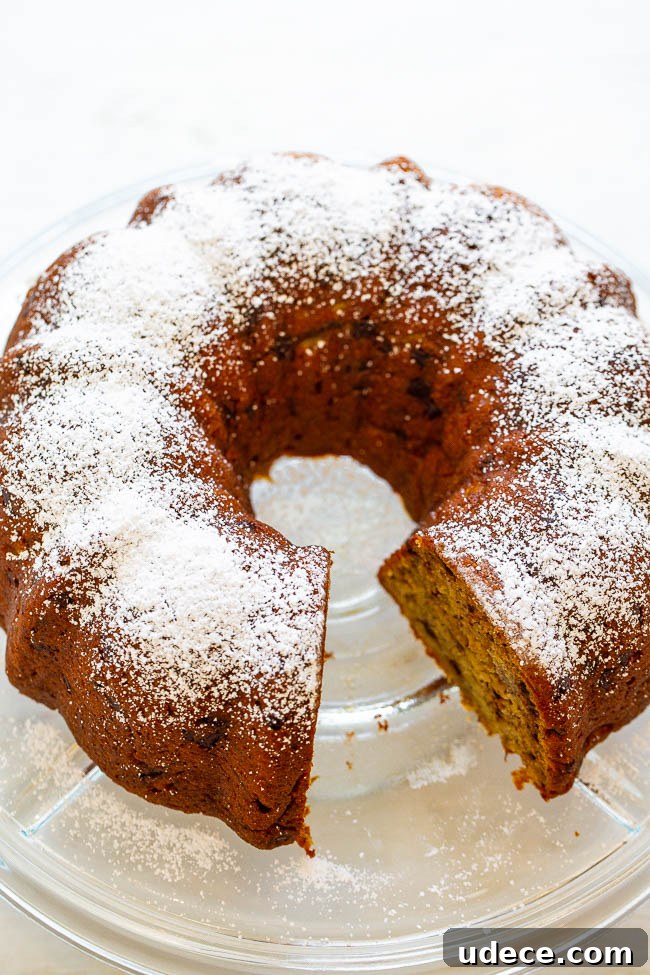 Six-Banana Banana Chocolate Chip Bundt Cake with a slice missing. 