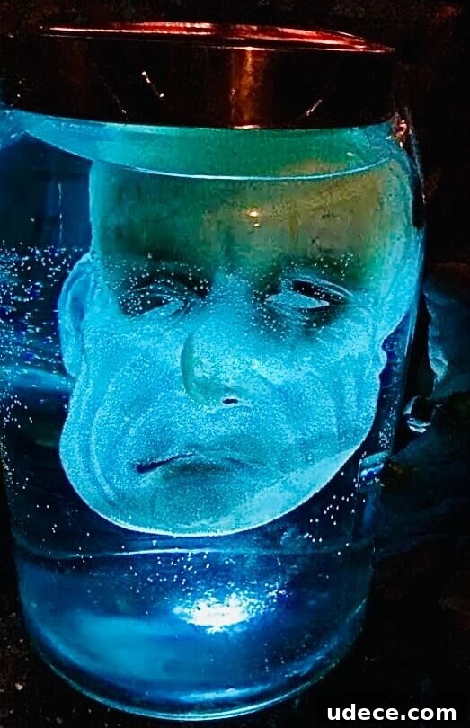 Creepy Halloween Jar Head Decoration Ideas and DIY Guide 8 Jar lit from underneath by a small closet push light.