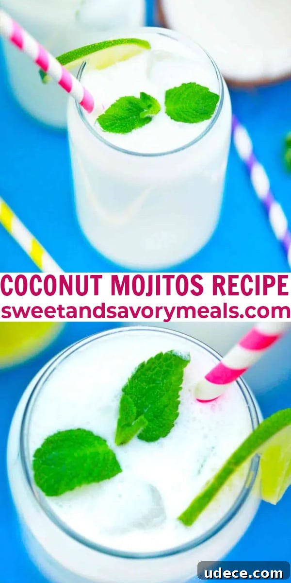 Coconut mojitos are a refreshing tropical drink made with fresh mint, lime juice, coconut cream, and two different kinds of rum. easy coconut mojitos pin