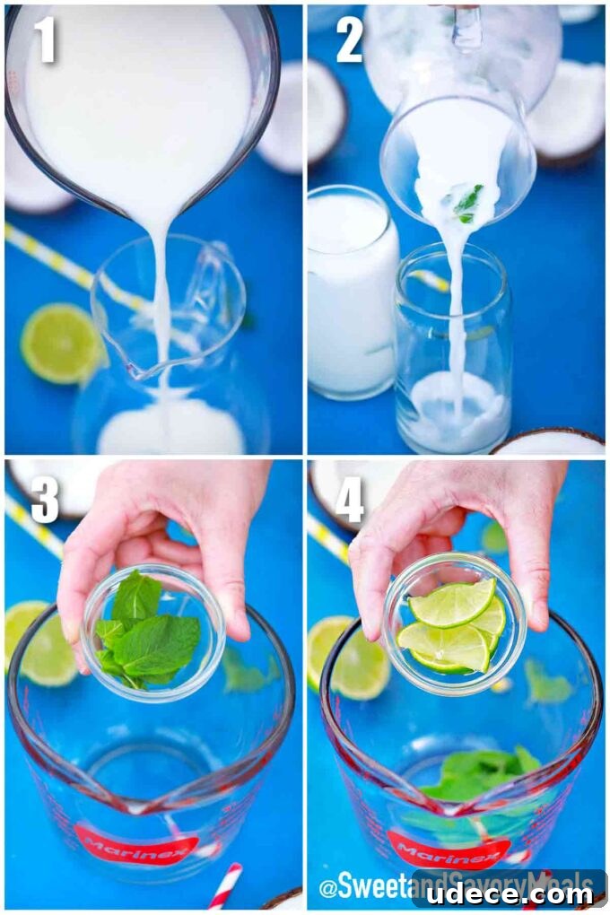 Coconut Mojito Recipe: Refreshing Tropical Cocktail Guide 4 photo collage of steps how to make coconut mojitos