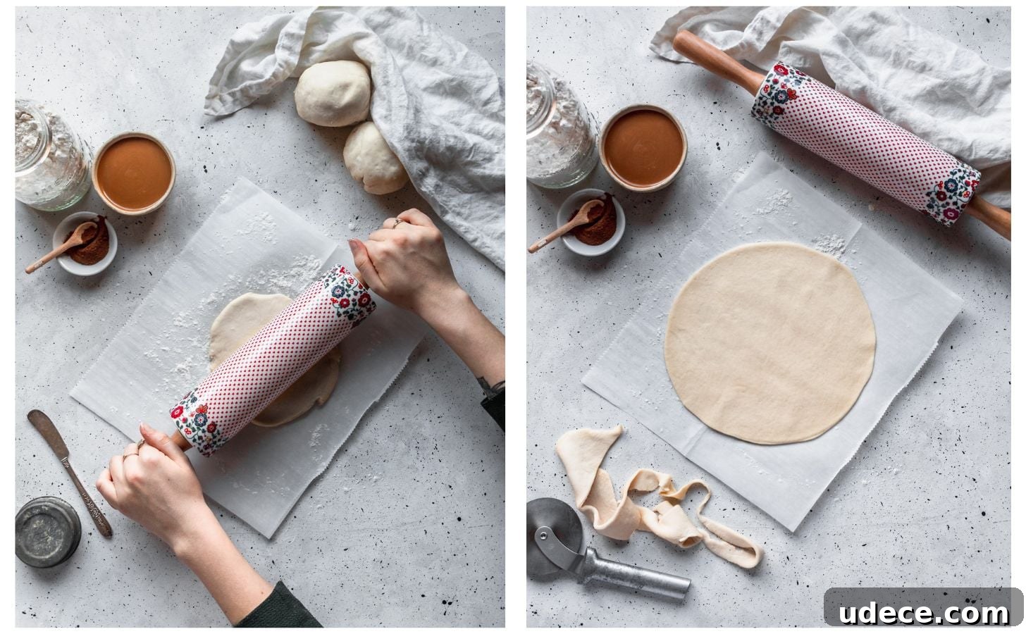 Two photos; on the left, hands rolling dough on a white counter; on the right, dough cut into a round