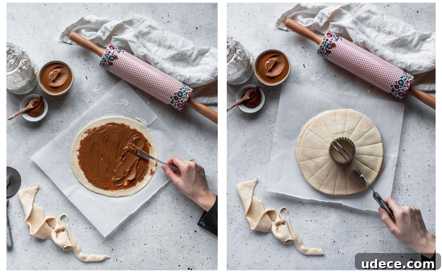 Spreading cookie butter on dough and cutting with a pizza cutter