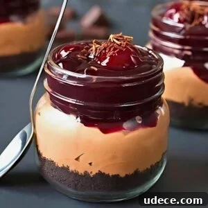 individual chocolate cherry cheesecakes in 8 ounce mason jars, garnished with black cherry pie filling and grated chocolate.