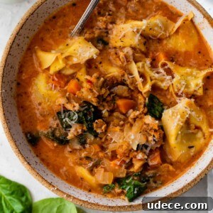 overview of sausage tortellini soup in a bowl with a spoon