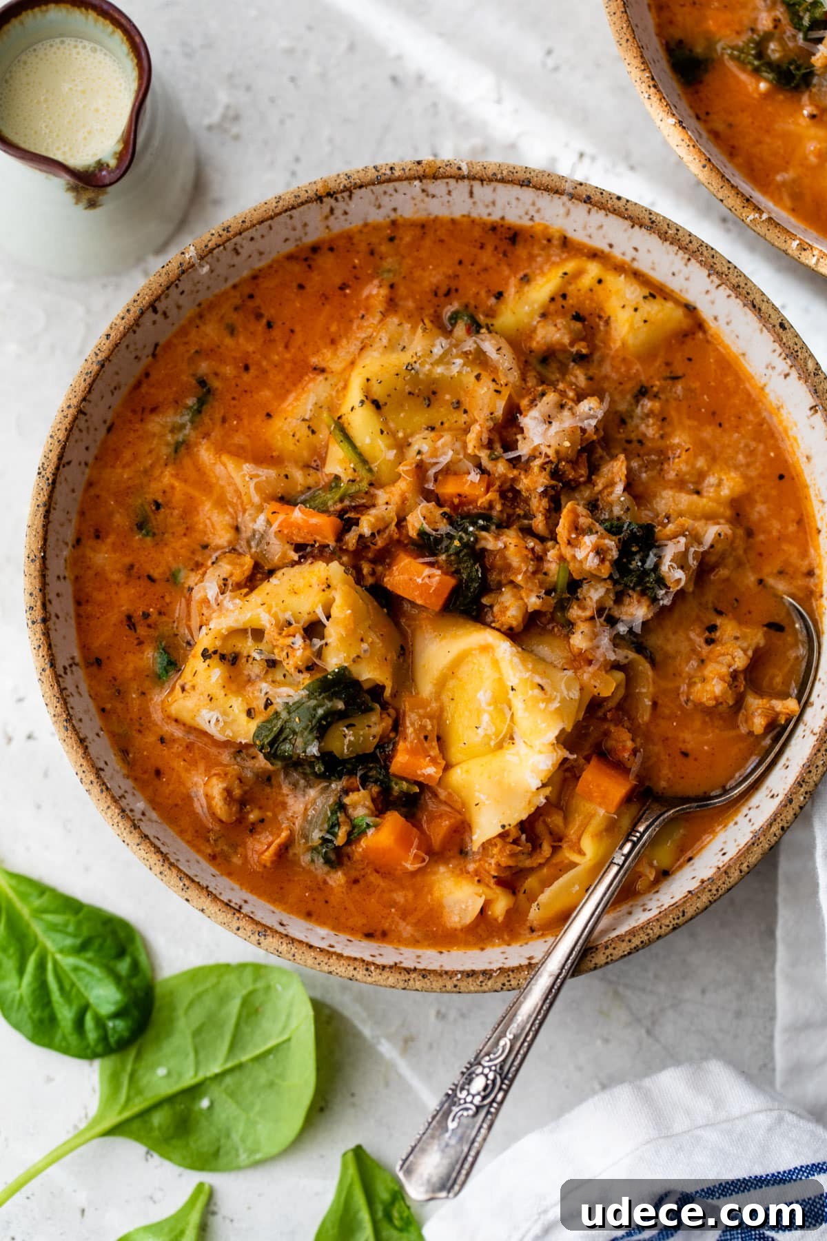 overview of sausage tortellini soup in a bowl with a spoon