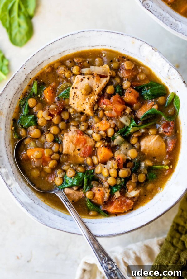 a bowl of soup with cooked diced chicken, green onions and vegetables