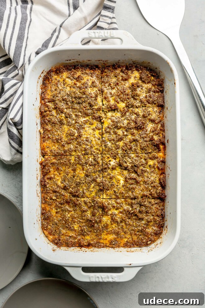 A casserole dish of sliced plantain breakfast casserole.
